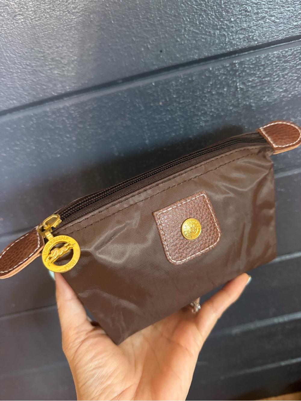 Brown Nylon Cosmetic Pouch with Gold Hardware